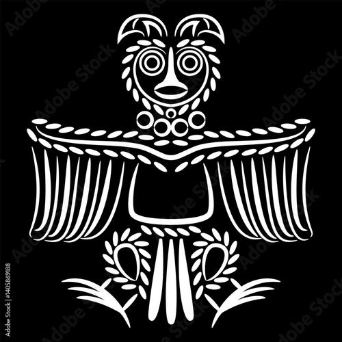 Stylized owl. Ethnic Russian totem bird design from ancient Siberia. Animal Permian style. Black and white silhouette.
