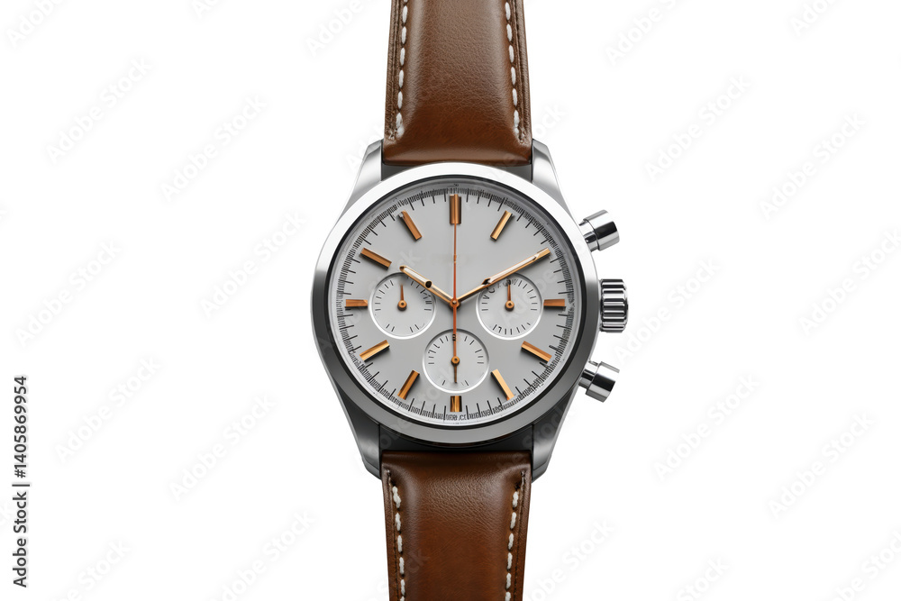 A watch with a brown band and a white face isolated on a transparent background A watch with a brown band and a white face isolated on a transparent background
