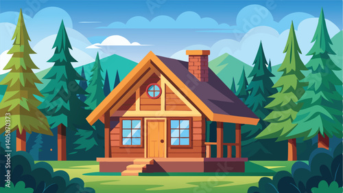 Cozy wooden cabin surrounded by tall pine trees in a vibrant forest setting with a bright blue sky and fluffy clouds during the day