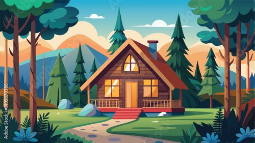 Cozy wooden cabin surrounded by tall pine trees in a vibrant forest setting with a bright blue sky and fluffy clouds during the day