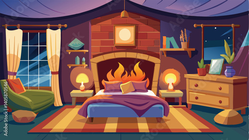 Cozy bedroom interior design with warm colors and a fireplace setting creating a relaxing atmosphere for restful evenings