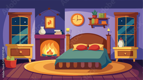 Cozy bedroom interior design with warm colors and a fireplace setting creating a relaxing atmosphere for restful evenings