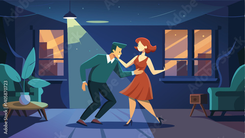 Couple dancing gracefully in a dimly lit room with colorful lights and a cozy atmosphere during a romantic evening