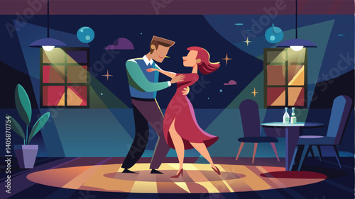 Couple dancing gracefully in a dimly lit room with colorful lights and a cozy atmosphere during a romantic evening
