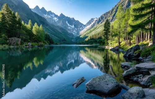 A serene mountain lake reflecting the surrounding peaks, surrounded by lush green forests and rugged cliffs under a clear blue sky at sunrise