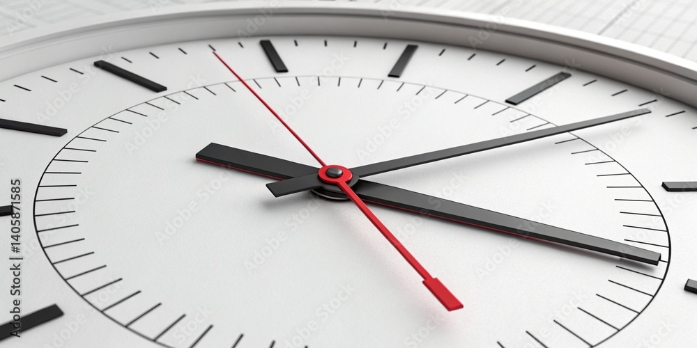 Minimalist Clock Face Design Red and Black Hands on White Background Minimalist Clock Face Design Red and Black Hands on White Background