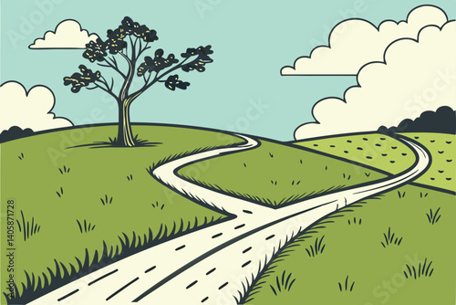 29 Forked road, green grass field, blue sky, fluffy white clouds, crossroads, decision point, diverging paths, horizon, vibrant landscape, symbolic imagery, life choices, journey metaphor, symmetrical