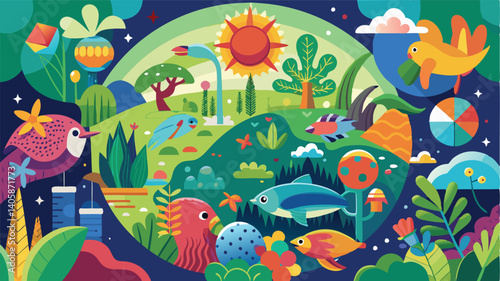 Colorful underwater world filled with diverse marine life and vibrant flora showcasing a harmonious ecosystem in a whimsical, vector illustration