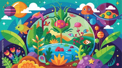 Colorful underwater world filled with diverse marine life and vibrant flora showcasing a harmonious ecosystem in a whimsical, vector illustration