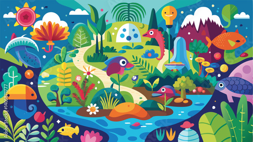 Colorful underwater world filled with diverse marine life and vibrant flora showcasing a harmonious ecosystem in a whimsical, vector illustration