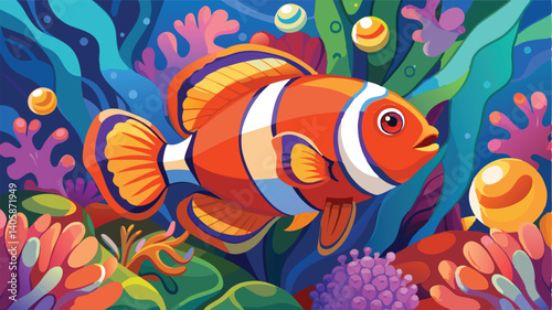 Colorful clownfish swimming among vibrant corals in a bright underwater ecosystem, showcasing the beauty of marine life in a lively environment