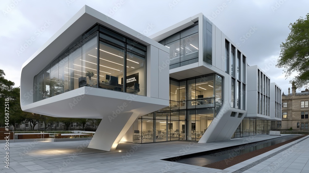 Fototapeta premium Modern office building showcases sleek design in urban environment with innovative architecture and vibrant workspaces