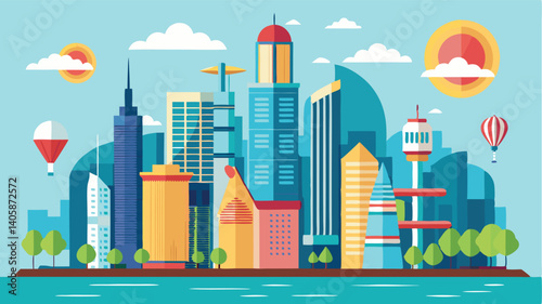 Colorful vector illustration of a modern city skyline featuring skyscrapers under a bright blue sky with clouds and a sun setting on the horizon