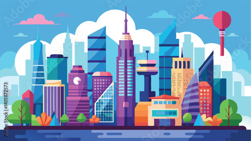 Colorful vector illustration of a modern city skyline featuring skyscrapers under a bright blue sky with clouds and a sun setting on the horizon