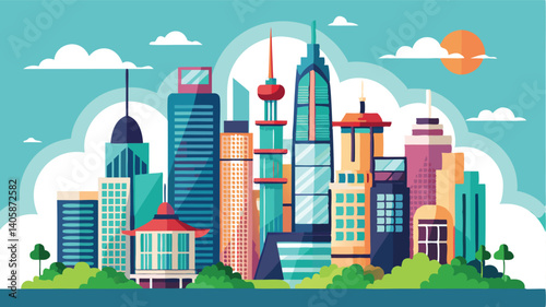 Colorful vector illustration of a modern city skyline featuring skyscrapers under a bright blue sky with clouds and a sun setting on the horizon