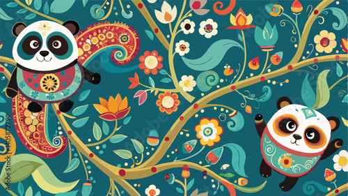 Pandas playfully interacting amidst colorful foliage and floral patterns in a whimsical vector illustration filled with intricate details