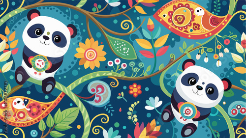 Pandas playfully interacting amidst colorful foliage and floral patterns in a whimsical vector illustration filled with intricate details