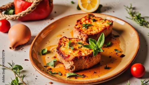 Golden Delight on a Plate: A close-up of a beautifully plated dish features succulent pieces of expertly cooked meat, garnished with fresh herbs and a zest of lemon.