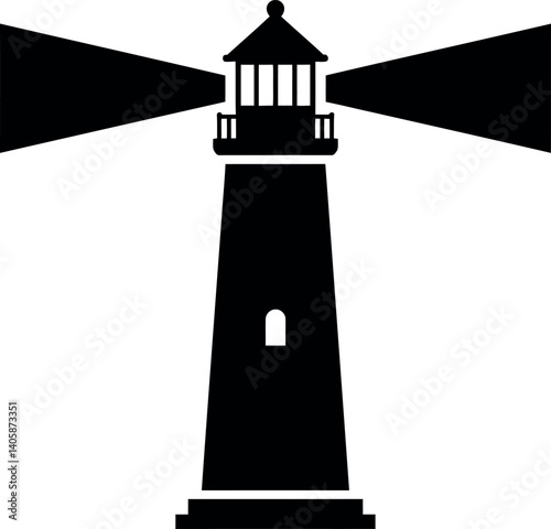 Tall lighthouse with shining beams in a minimalist flat design vector illustration