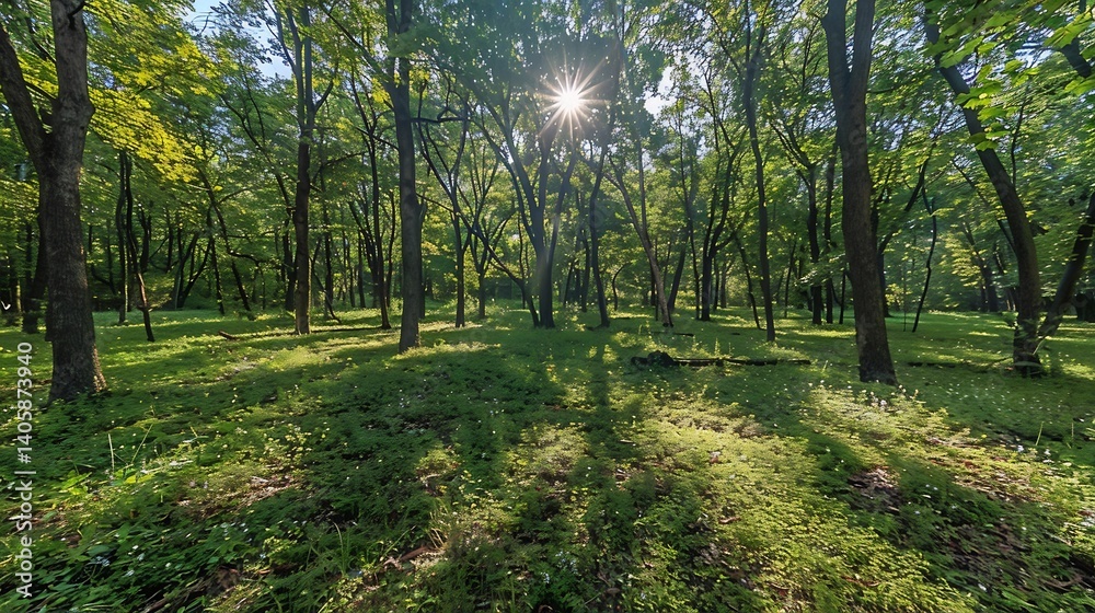 Fototapeta premium Vibrant woodland background late summer with sun drenched clearings lush green canopies and playful shadows dancing on the forest floor