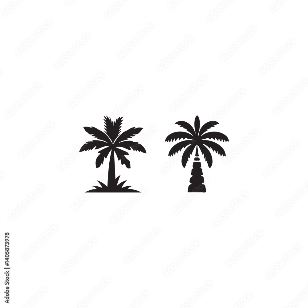 Two Tropical Palm Trees Silhouettes.Simple, black and white silhouette of two palm trees, one with a traditional palm trunk shape and another with a more stylized, possibly stylized or unusual, trunk. Two Tropical Palm Trees Silhouettes.Simple, black and white silhouette of two palm trees, one with a traditional palm trunk shape and another with a more stylized, possibly stylized or unusual, trunk.