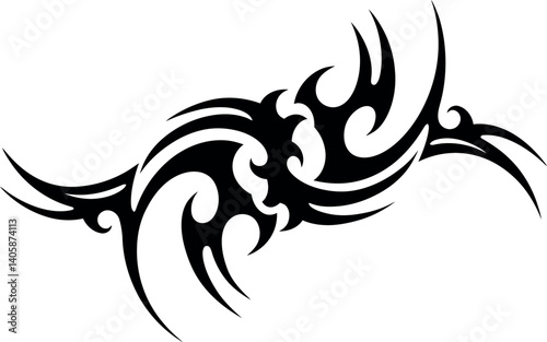 Intricate tribal tattoo design featuring flowing curves and sharp angles in a bold black flat vector art