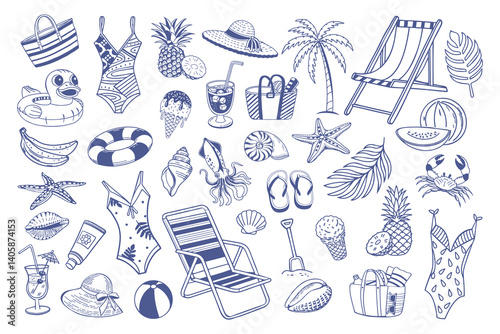 Summer beach vacation collection with swimsuits, sun hats, beach bag, shells and tropical elements. Icons for cards, stickers, summer sale banner.