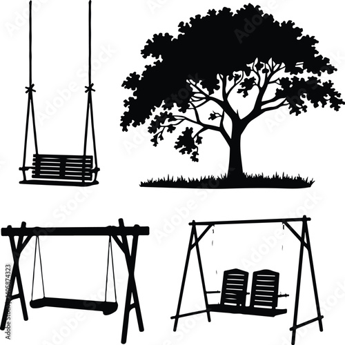 Swing Silhouette Set | Kids on Playground Vector Art Children Swinging Silhouette | Outdoor Play Icon Set