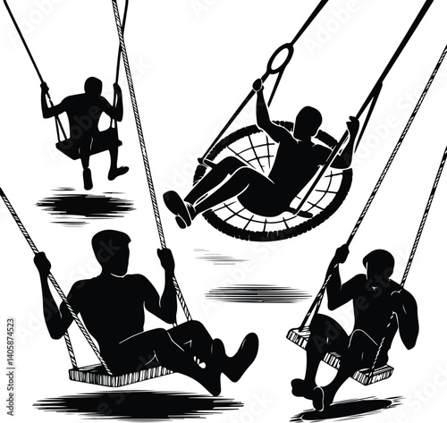 Swing Silhouette Set | Kids on Playground Vector Art Children Swinging Silhouette | Outdoor Play Icon Set