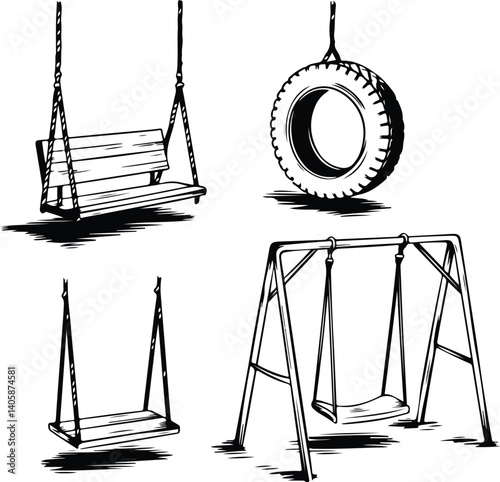 Swing Silhouette Set | Kids on Playground Vector Art Children Swinging Silhouette | Outdoor Play Icon Set