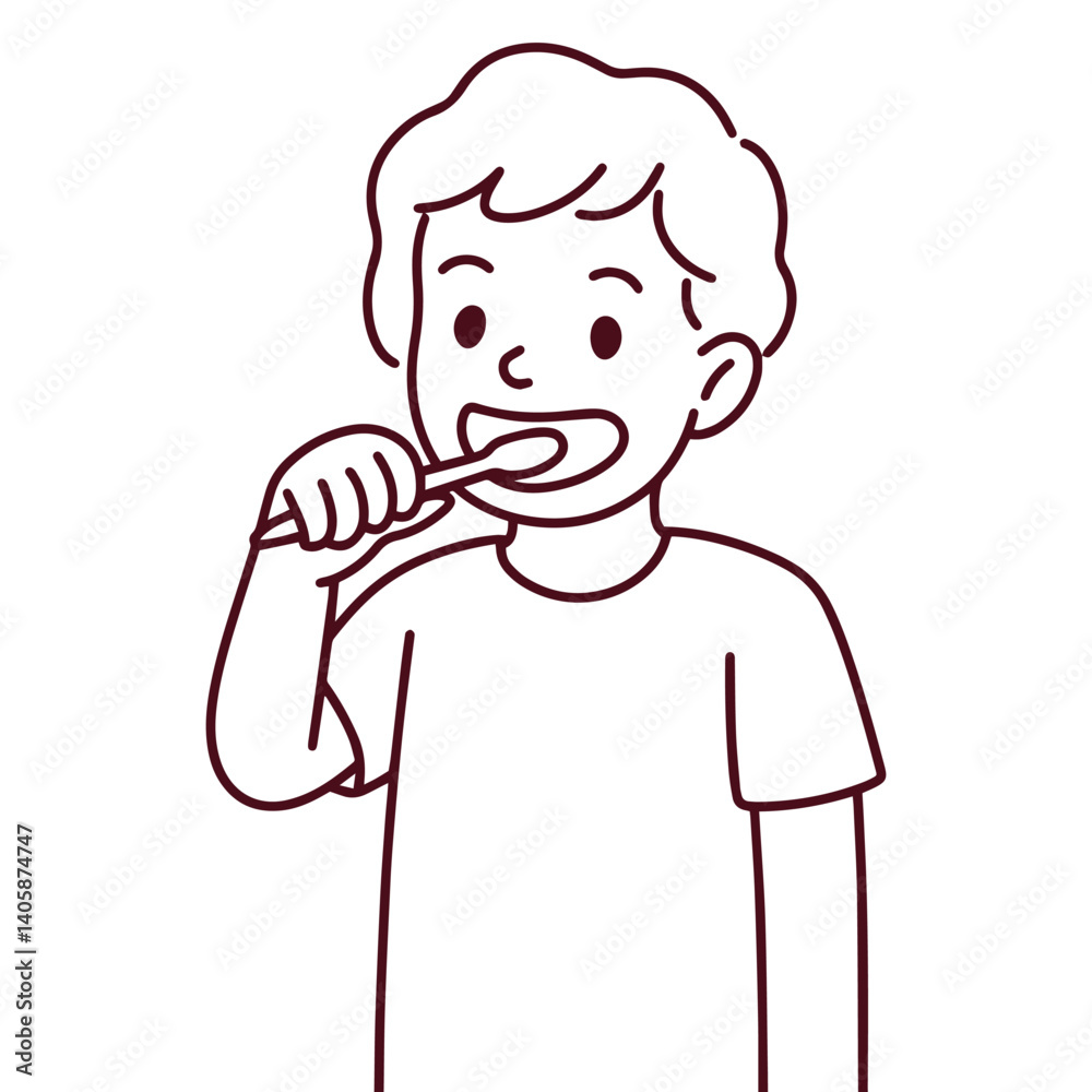 Line art illustration of young boy brushing teeth as part of daily dental hygiene routine Line art illustration of young boy brushing teeth as part of daily dental hygiene routine