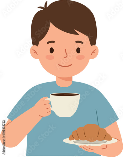 Young boy enjoying breakfast with coffee and croissant in minimal vector illustration
