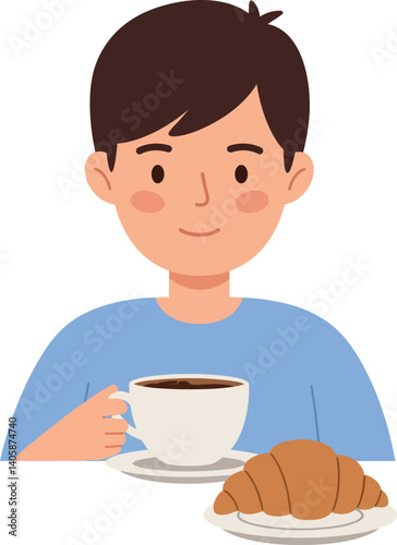 A young boy enjoying a warm cup of coffee with a croissant in a flat vector illustration