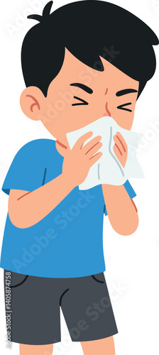 Young boy sneezing into a tissue in flat vector art style conveying health awareness and care