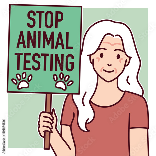Color illustration of a senior old woman holding a protest sign that says stop animal testing, symbolizing activism, compassion, and ethical treatment of animals