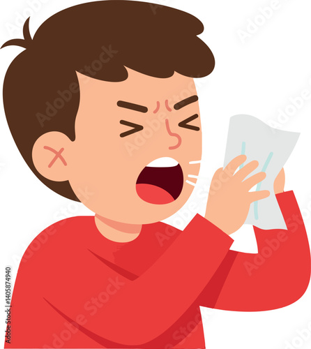 Young boy sneezing into a tissue wearing a red shirt in flat vector illustration