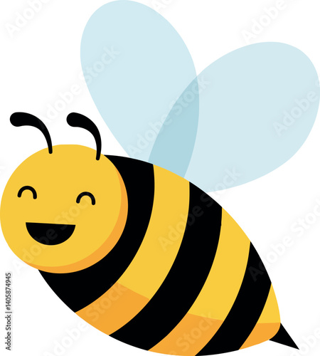 Happy cartoon bee with smiling face and blue wings in flat vector art