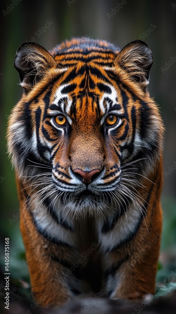 Obraz premium A striking tiger portrait showcases its amber eyes and intricate stripes, conveying power & intensity