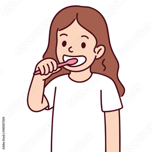 Colorful illustration of a young girl brushing her teeth, promoting healthy dental care habits and proper oral hygiene in children's daily routine