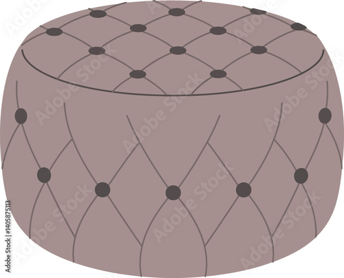 Round tufted ottoman in soft beige color with subtle button detailing in flat vector art