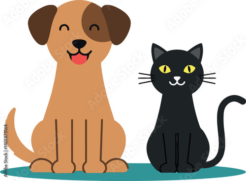 Happy dog and playful cat sitting together in a flat, colorful design style vector art