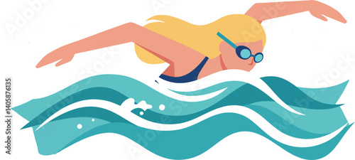 Swimmer gliding through waves in a vibrant flat vector illustration