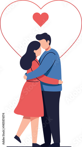 Loving couple embracing in a heart shape outline, flat vector illustration