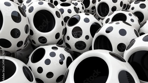 Abstract arrangement of white spheres with black dots, creating a visually striking pattern