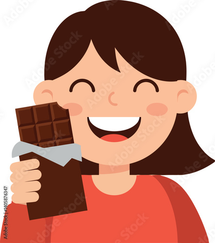 Happy girl enjoying chocolate, smiling widely, flat vector illustration