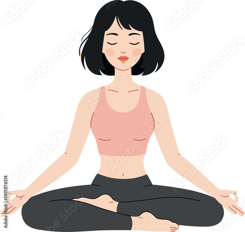 Young woman meditating in a serene pose with a flat design style vector art