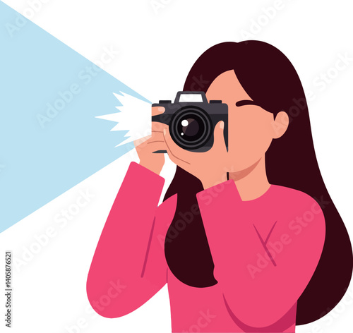 A woman holding a camera while capturing moments in a flat vector illustration