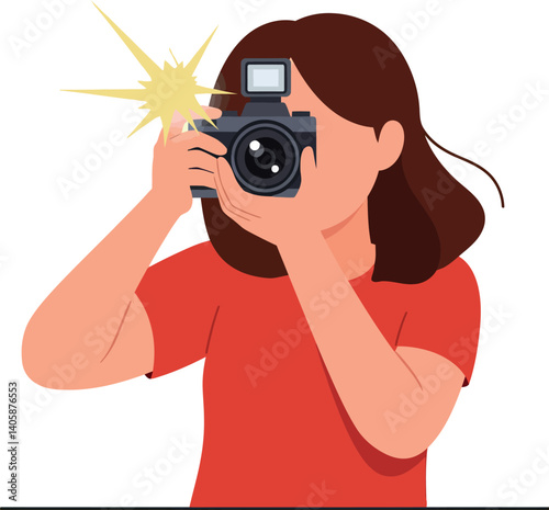 A woman with a camera capturing a moment in flat vector art