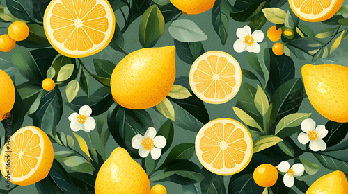 Fresh lemon pattern on a green background