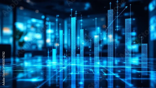 Blue hologram of business graphs in modern space. 